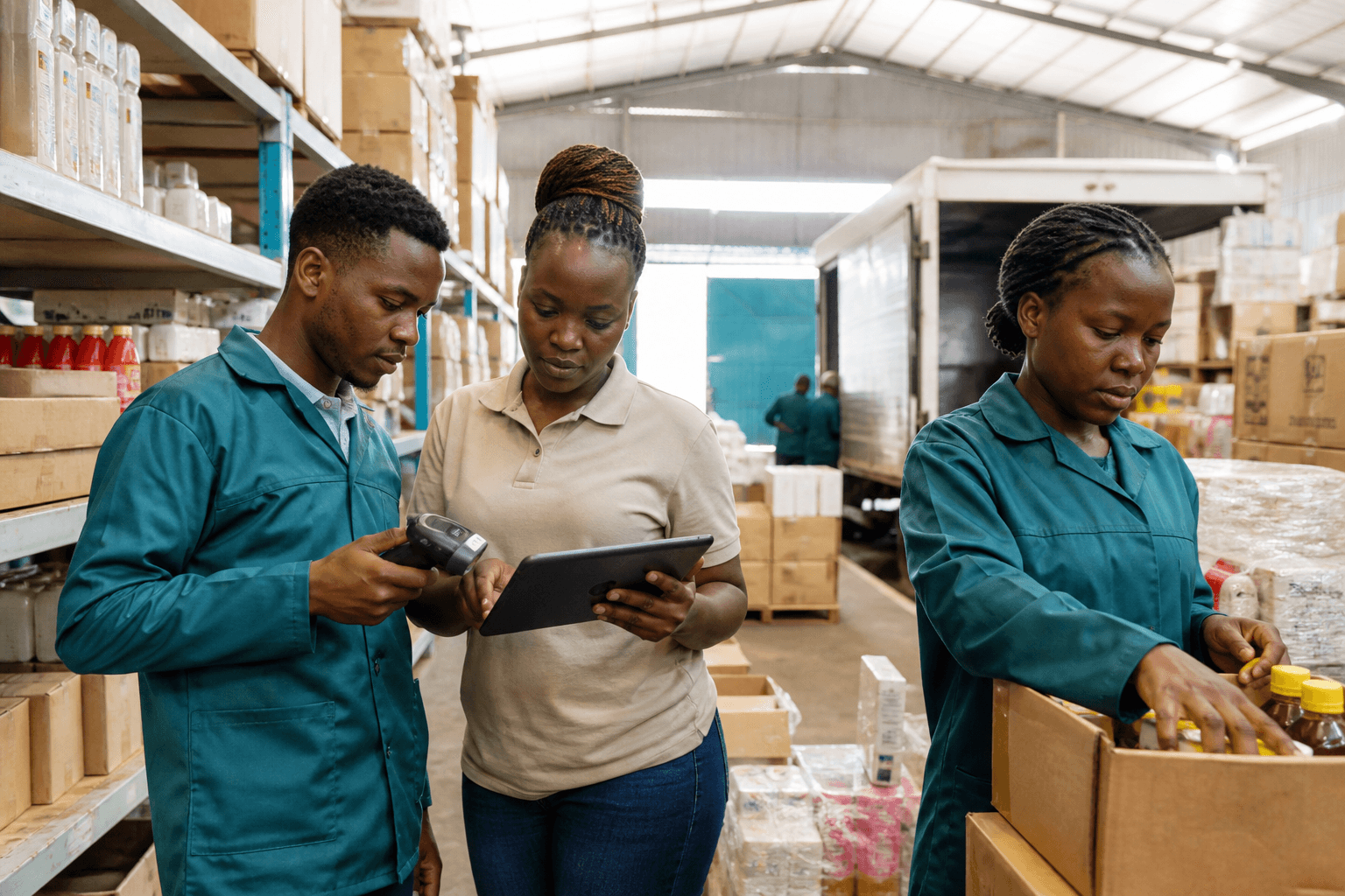 Illustrative scene of a Kenyan distribution team reviewing inventory and fulfilment operations