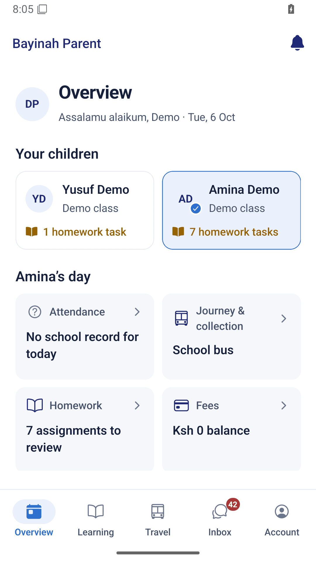 Bayinah Parent demonstration overview showing two children and their homework, school-day and fee summaries