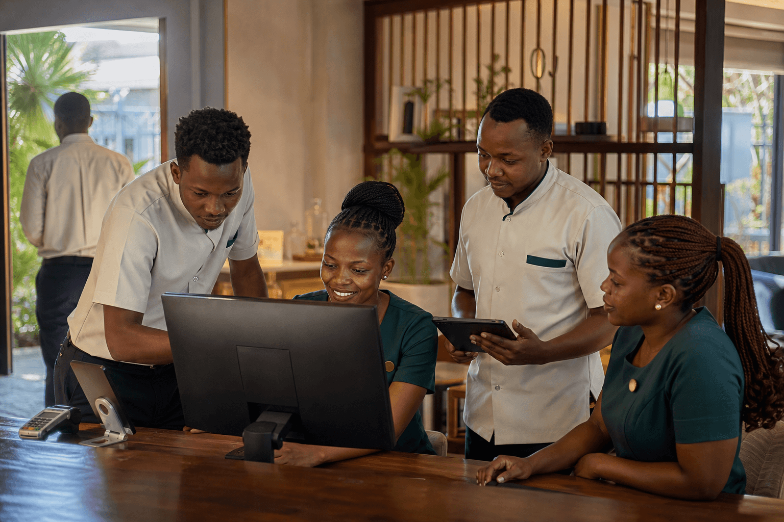 Illustrative scene of a Kenyan hospitality team reviewing connected guest and property operations