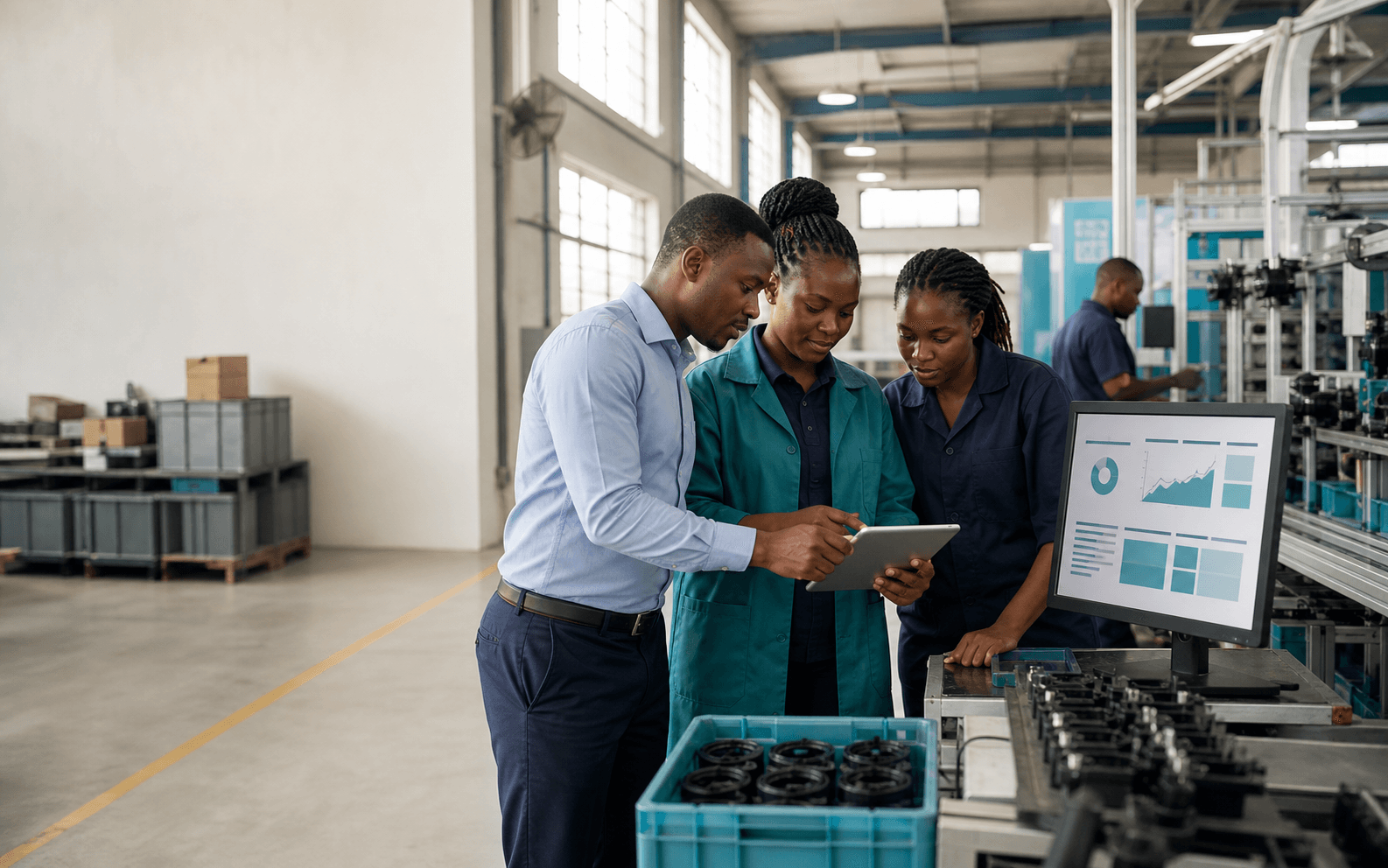 Illustrative scene of a Kenyan manufacturing team coordinating production and quality operations