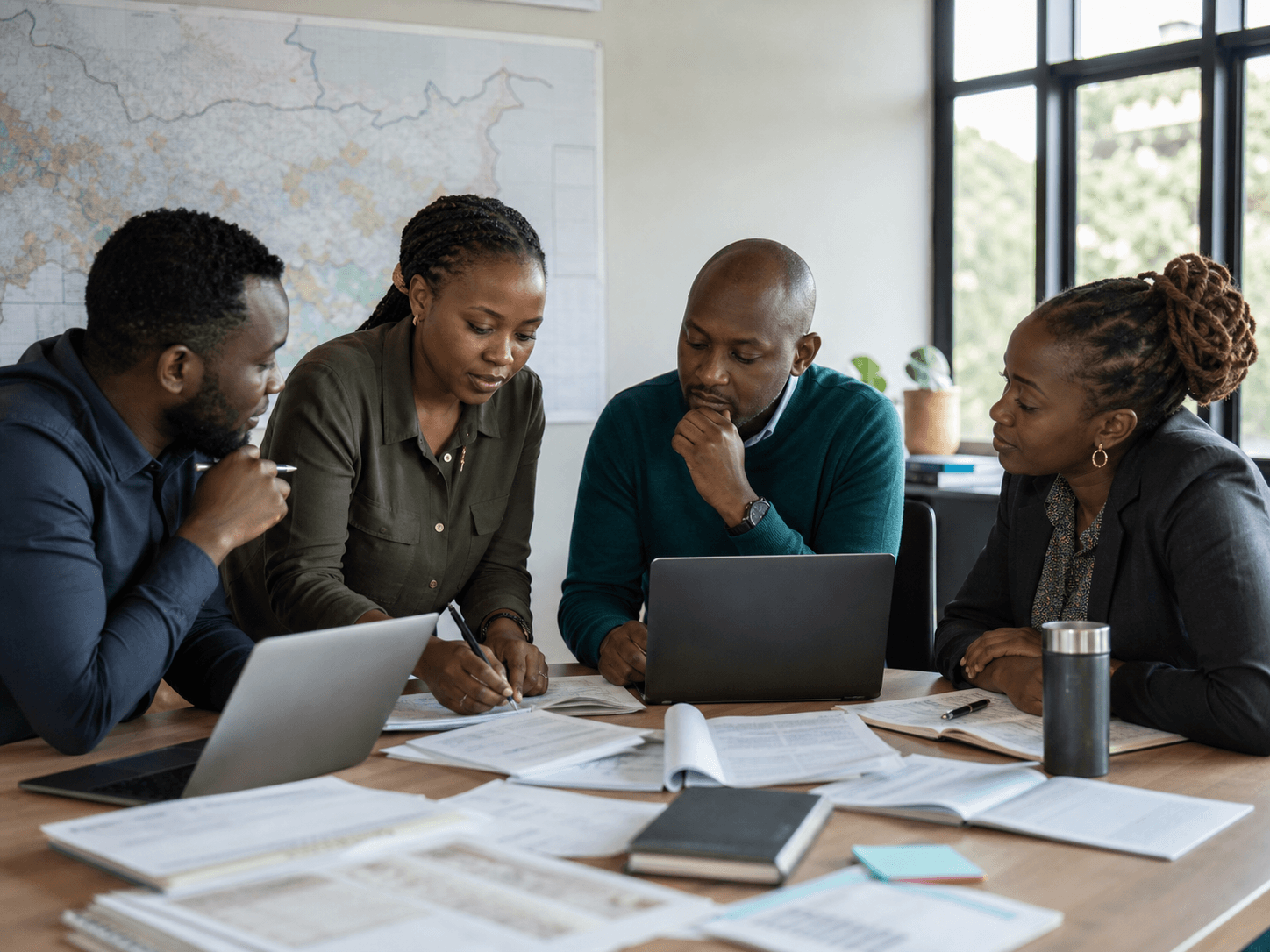 Illustrative scene of a Kenyan development organisation team reviewing programme operations