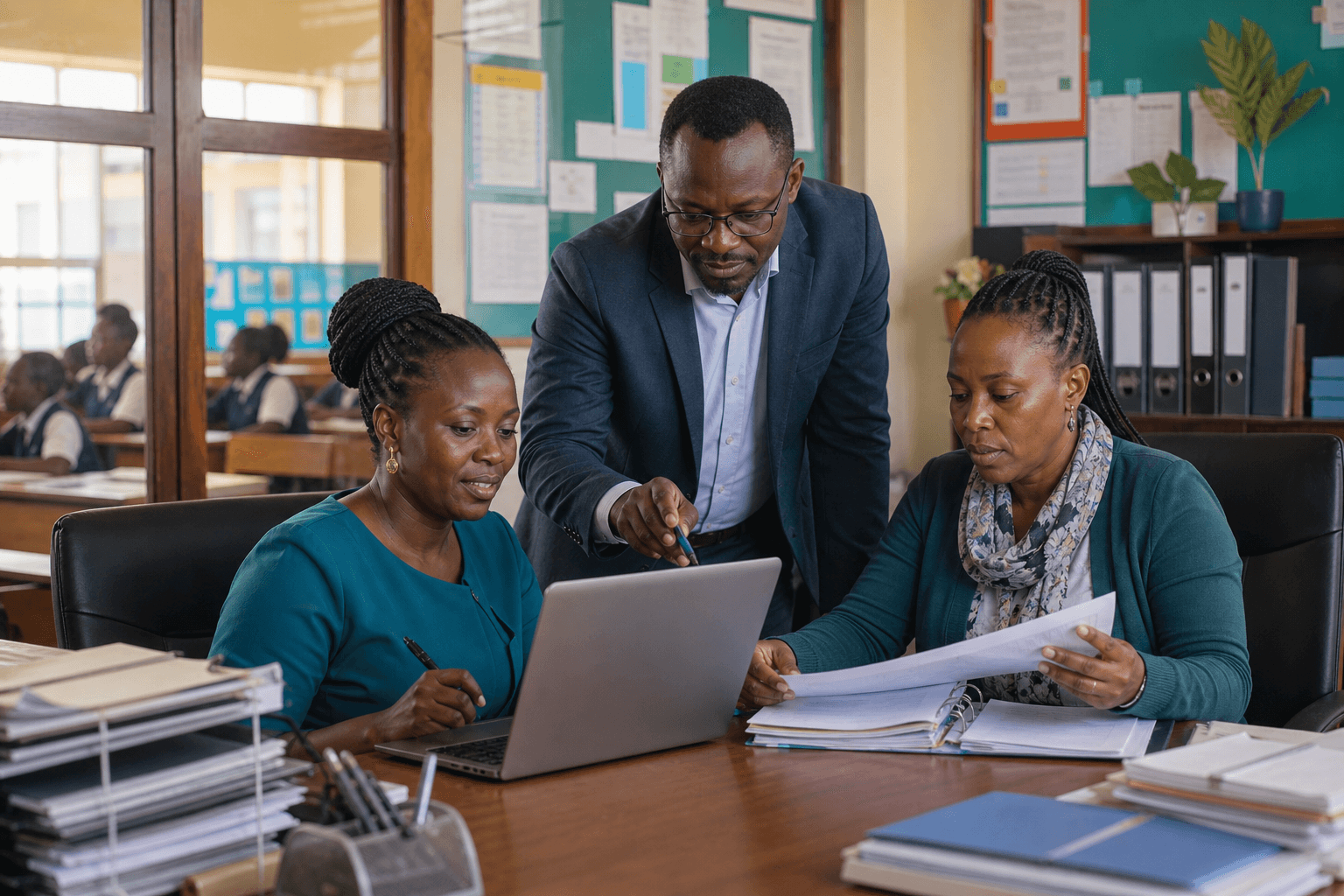 Illustrative scene of Kenyan education administrators reviewing connected school operations