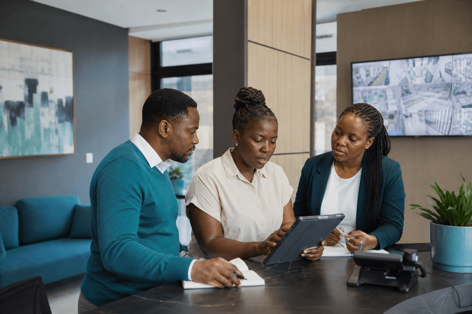 Illustrative scene of a Kenyan property team coordinating collections and service operations